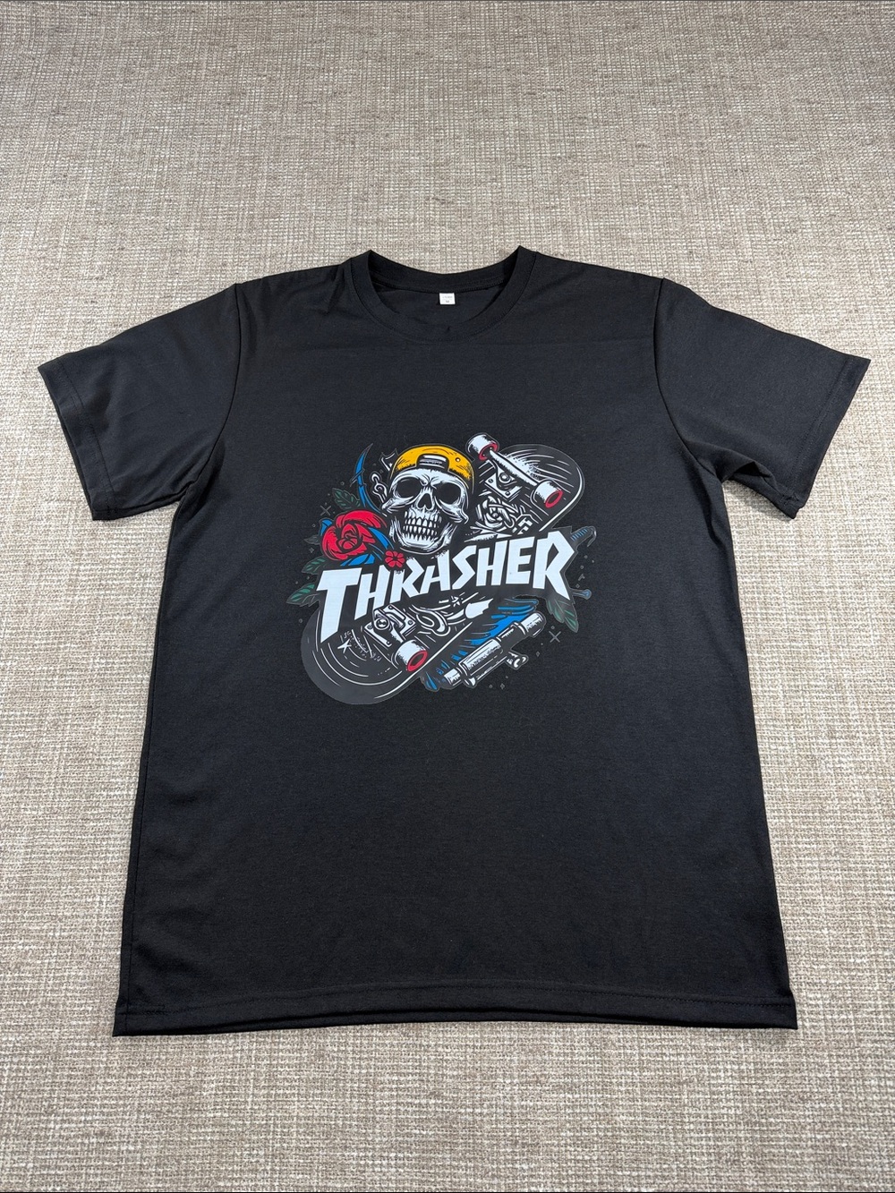 Thrasher Black Skate Skull Tee with Red Rose and Yellow Helmet